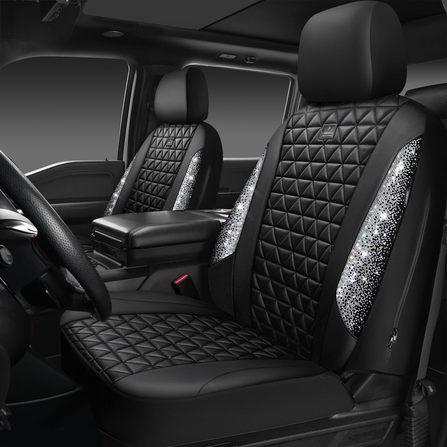 71w3EPmeeAL._AC_SL1500_.jpg CAR PASS Bling Diamond Leather Car Seat Covers for 2 Front Interior Sets, Waterproof Shining Glitter Sparkly Crystal Universal Armrest Fit Automotive Truck SUV Cute Women Girl, Black Silver Rhinestone - Image 1