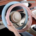 Nappa Leather Pink Steering Wheel Cover, Advanced Microfiber Leather Non-Slip Breathable Fabric, Warm in Winter and Cool in Summer, Universal 15 inch - Image 4