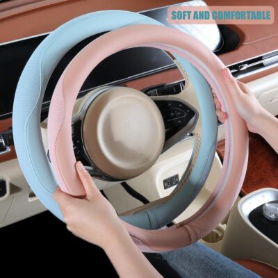 Nappa Leather Pink Steering Wheel Cover, Advanced Microfiber Leather Non-Slip Breathable Fabric, Warm in Winter and Cool in Summer, Universal 15 inch - Image 4