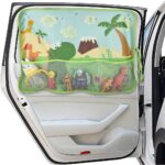 Car Window Shade for Baby, Blackout Car Window Curtain with Storage Pockets & 7 Suction Cups, Cartoon Pattern Cars Side Window Sun Shade Cover for Sun/Heat/UV Rays Protection (Green-Dinosaurs)