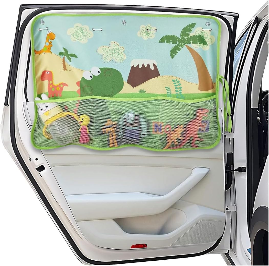 71wMxb0PClL._AC_SL1200_.jpg Car Window Shade for Baby, Blackout Car Window Curtain with Storage Pockets & 7 Suction Cups, Cartoon Pattern Cars Side Window Sun Shade Cover for Sun/Heat/UV Rays Protection (Green-Dinosaurs) - Image 1