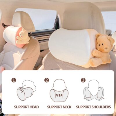 Car Headrest Pillow 2PCS Bear or Bunny Car Seat Neck Pillow Car Decor Memory Foam Neck Support Cushions for Comfortable Driving, Easy Install & Washable (Pink) - Image 3