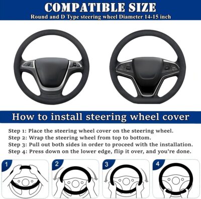 Soft Leather Car Steering Wheel Cover, Universal 15 Inch Colorful Rhinestones Anti-Slip Elastic Steering Wheel Covers for Most Cars, Sparkly Crystal Diamond for Women Girls (Black) - Image 4