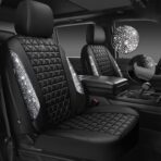 CAR PASS Bling Diamond Leather Car Seat Covers Full Seats Interior Sets, Waterproof Shining Glitter Sparkly Crystal Universal Armrest Fit Automotive Truck SUV Cute Women Girl, Black Silver Rhinestone - Image 2