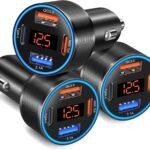3 Pack USB C Car Charger, 4-Port 65W Dual 12V USB-A & USBC Cigarette Lighter Adapter Plug with Voltmeter PD/QC 3.0 Fast Charging Car Phone Charger for iPhone 17 16e 15 14 13 12 Pro Max, Android-Black