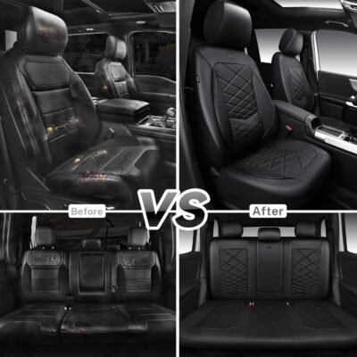 CAR PASS Luxury Nappa Leather Seat Covers Full Set, Water Resistant Faux Leather Seat Covers with Lumbar Support, Comfortable Automotive Seat Covers Universal Fit for SUV Sedan Van Truck, Solid Black - Image 6