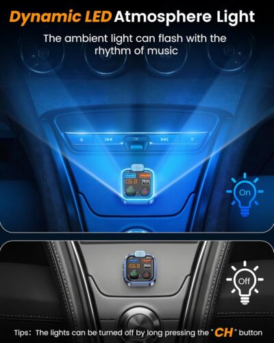 LENCENT FM Transmitter in-Car Adapter, Type-C PD 20W+ QC3.0 Fast USB Charger, Wireless Bluetooth 5.3 Radio Car Kit, Hands-Free Calling, MP3 Player Receiver Hi Fi Bass, Support U Disk - Image 6