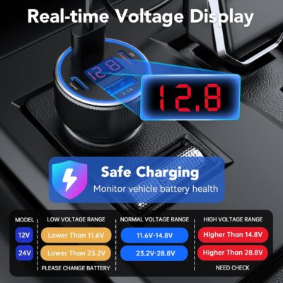 USB C Car Charger, 4 Port 78W USB Car Charger Adapter Fast Charging Multi Port Cigarette Lighter Adapter with Voltmeter Type C Phone Car Accessories for iPhone 17/16/15/14, Samsung Galaxy, iPad - Image 3