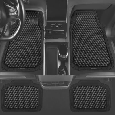 CAR PASS Black Rubber Car Mats, All-Weather Floor Mats Full Set Durable Anti-Slip 3D Rhombus Waterproof Automotive Pad Trim to Fit Liner Universal Fit for Sedan SUV Truck Van, 4 Pcs All Black Rubber - Image 3