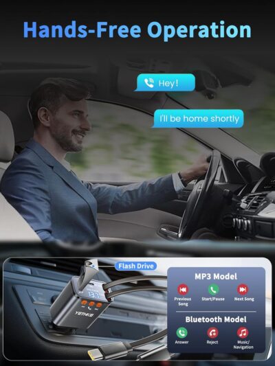 Bluetooth Car Adapter with Retractable Charger, FM Transmitter Bluetooth 5.4 for Cars, 4 in 1 Fast Car Phone Charger 69W, Handsfree Call, 2*Retractable Cable for iPhone 17/16/15/14, Galaxy-Black - Image 6