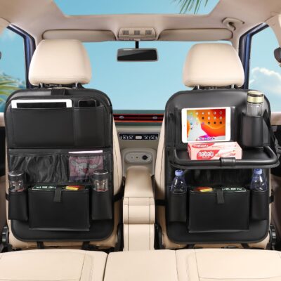 Leather Car Backseat Organizer with Tablet Holder - 9 Large Storage Pockets, Foldable Food Tray & Anti-Scratch Kick Mats - Universal Car Seat Protector for Kids, Pets & Travel Accessories 1 Pack - Image 2