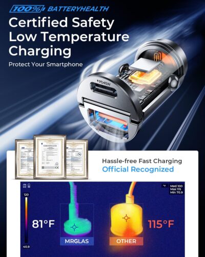 MRGLAS 90W USB C Car Charger Fast Charging,[Invisible Design] All Metal Car Charger USB C PD45W+QC3.0 Dual Port Cigarette Lighter Car Adapter for iPhone 17 16 Pro Max Plus 15 Samsung S26 S25 Ultra - Image 6
