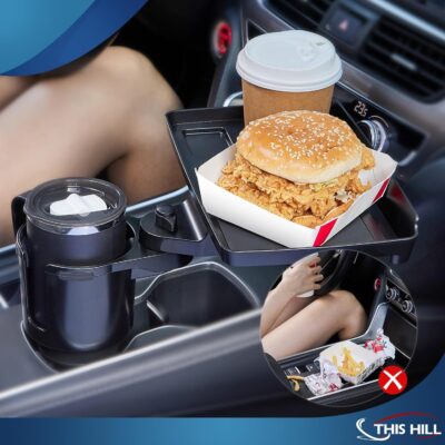 This Hill Cup Holder Tray for Car, 2 in 1 Detachable Car Food Table Tray with Solid Base & Phone Slot,Car Cup Holder Expander with 360°Rotation Tray for Travel Road Essentials - Image 2