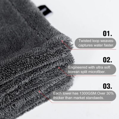 2 Pack XL Car Drying Towel – 1300GSM Ultra Absorbent Microfiber, 24"x36" Large Size, Twisted Loop, Lint-Free & Streak-Free for Auto Detailing, Car, SUV, Truck (Gray-Gray) - Image 5