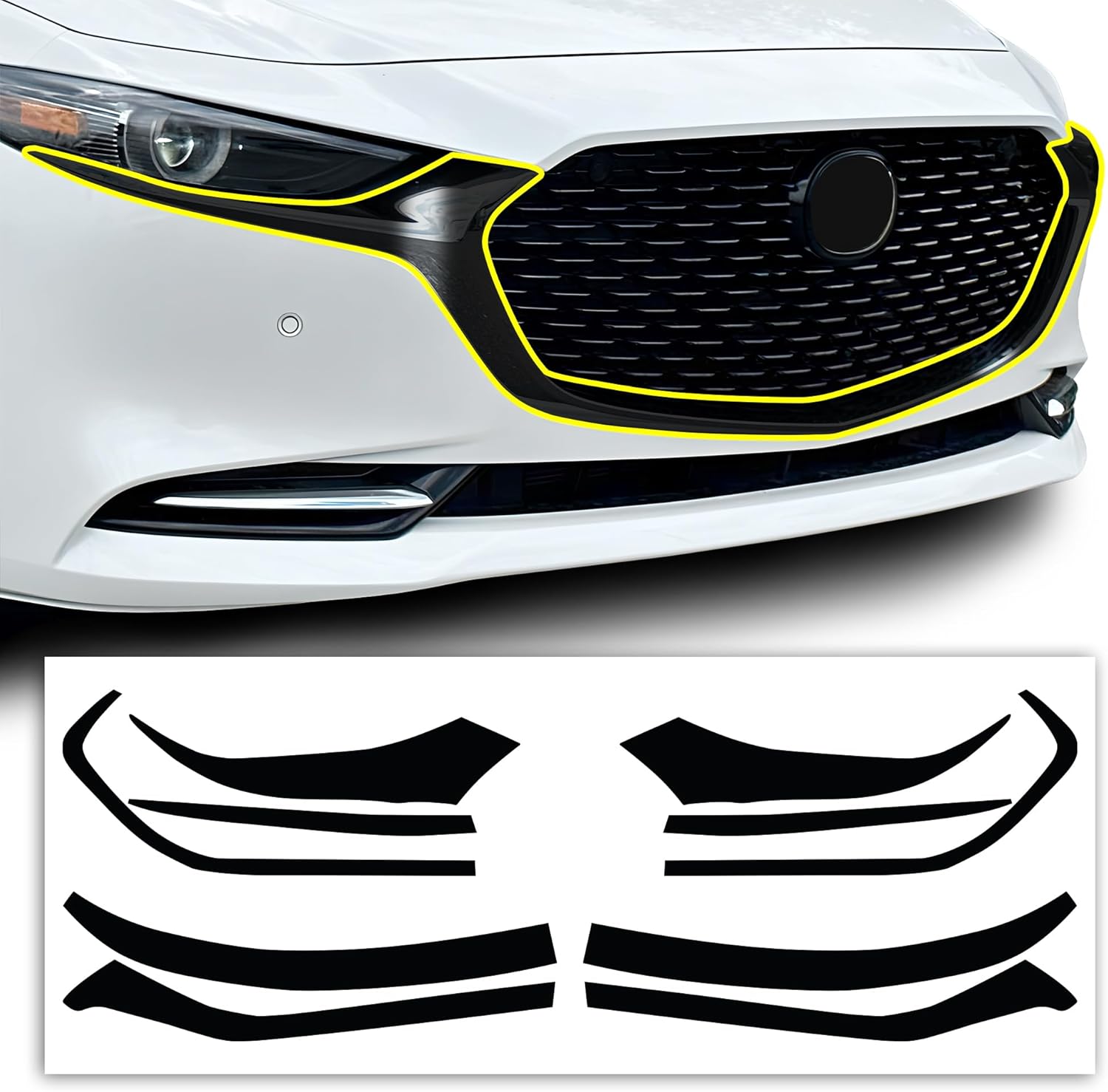 71y-PJrD7VL._AC_SL1500_.jpg BOGAR TECH DESIGNS for Mazda 3 2019-2026 Front Chrome Delete – Precut Vinyl Overlay Kit, Gloss Black Blackout Trim - Image 1