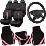 CAR PASS Car Seat Covers Full Set for Women Girls with Waterproof Car Floor Mats,Anti-Slip Leather Steering Wheel Cover,Universal Fit for SUVs,Vans,Trucks,Sedans,Cars (Combo Set,Black & Pink)