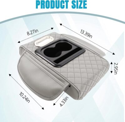 Hovom Car Center Console Cover, 12.3"×6.3"×1.5" Leather Armrest Cover for Cars, Multifunctional Auto Armrest Cushion Pad with Pocket, Tissue Box, Cup Holder & Phone Slot, Car Accessories (Gray) - Image 2