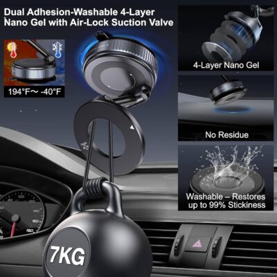 Vacuum Magnetic Car Phone Holder for Magsafe, Hands-Free 360° Adjustable Suction Cup Phone Mount for Car/Gym/Mirror/Smooth Surface, Compatible with iPhone & Android (Black) - Image 3