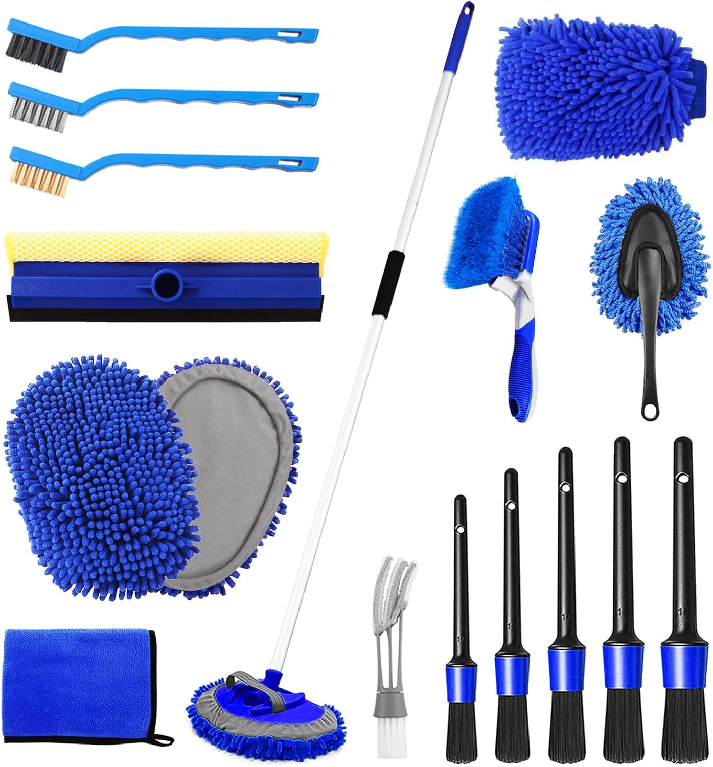 71y94nerB3L._AC_SL1500_.jpg NIKCOSMK 62'' Car Wash Brush Kit - Mitt, Mop, Sponge & Long Handle, Scratch-Free Chenille Replacement Head, Wheel Tire Brush, Car Detailing Kit for Cars, RV, Truck - Image 1
