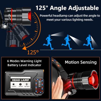 Rechargeable Headlamp 90000 Lumens, Super Bright LED Head Lamp with Motion Sensor, 12 Modes, IPX7 Waterproof Headlight, 125° Adjustable, HeadLamps for Adults, Camping, Outdoors & Hard Hat Light (2) - Image 7