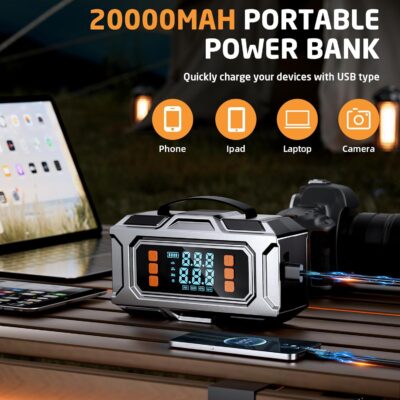 Jump Starter with Air Compressor, 8000A Car Battery Jump Starter (9.0 Gas/8.0L Diesel), 180PSI Car Battery Jumper Starter Portable 12V Jump Box with Jumper Cables, LED Light, Power Bank, LCD Display - Image 5