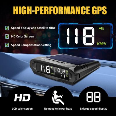 Wireless Heads Up Display for Cars Solar GPS Digital Speedometer with LCD Screen Overspeed Alarm KMH/MPH Time/Altitude/Temperature/Speed Display, Vibration Wake-Up, Auto-Brightness Adjustment - Image 4