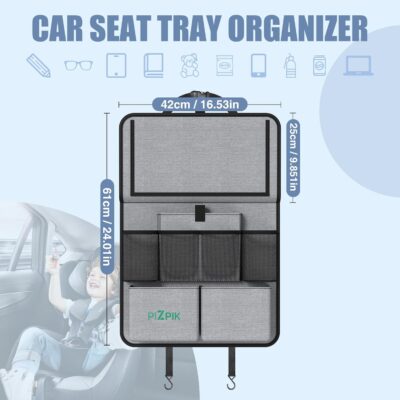 Car Backseat Organizer with Tablet Holder,11 Storage Pockets with Foldable Food Tray, Protector Kick Mats for Kids, Travel Accessories Organizer (Gray, 2Pack with Food Tray) - Image 7