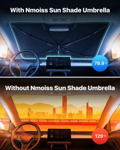 [Upgraded] Nmoiss Windshield Sun Shade Umbrella - [Vinyl Coating Heat Shield] Protect Car from Sun Rays & Heat Damage Keep Cool and Protect Interior, Spring Structure Edge Medium 56" L x 31" W - Image 2