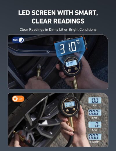 AstroAI Tire Pressure Gauge for Cars with Backlit LED, Solid Brass with Rubber Hose, Air Bleeder Valve, ANSI B40.7 Grade 2A(±0.5%), 3-250PSI - Image 2
