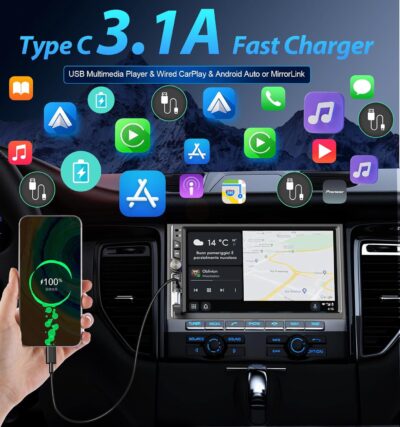 Double Din 7" IPS Car Stereo with Wireless Apple CarPlay & Android Auto Screen, Car Play Radio Audio, 240W, Bluetooth, AHD Backup Camera, USB-C Fast Charging, 16-Band EQ, SWC, MirrorLink Touchscreen - Image 13