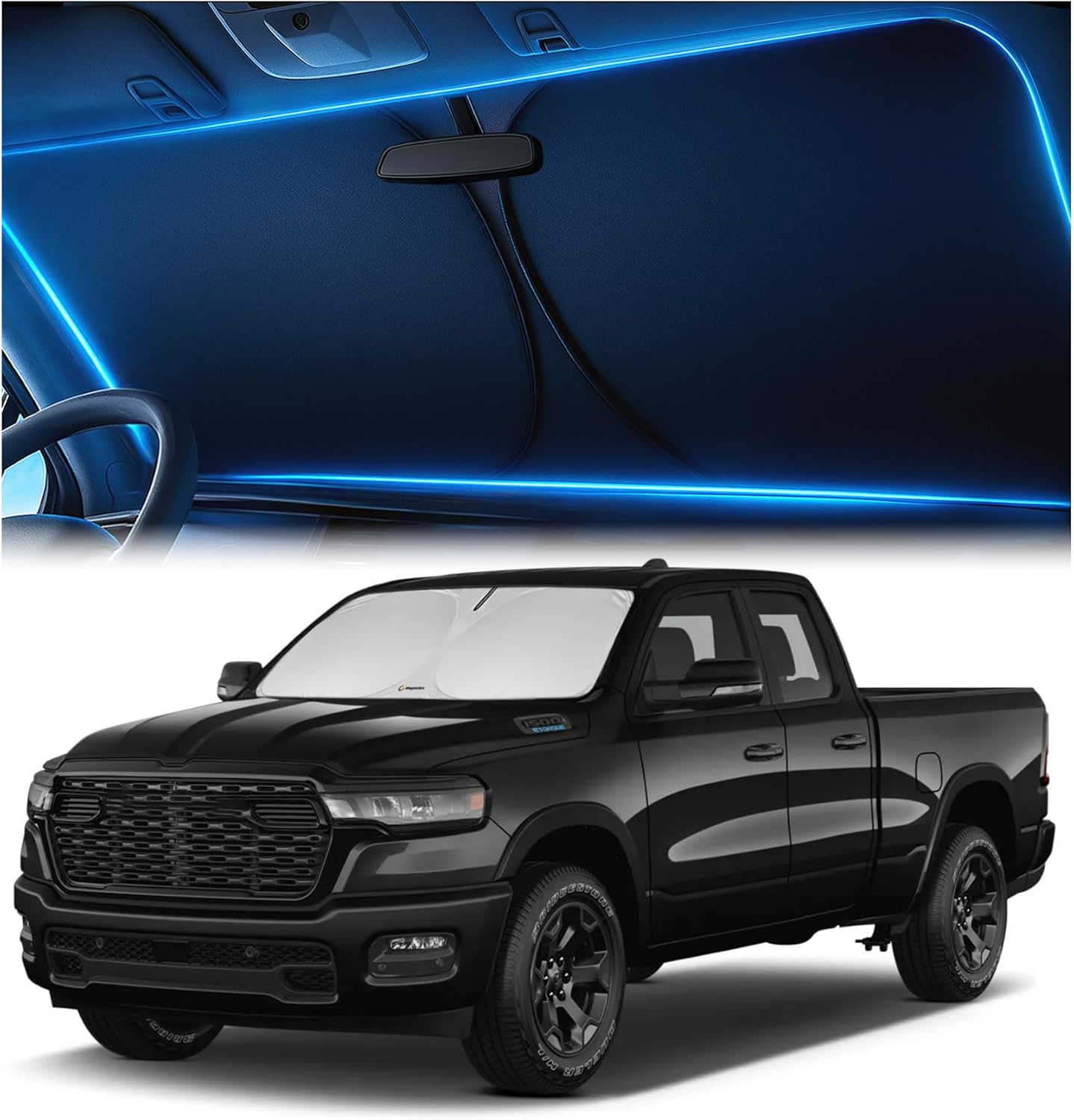 71yp48GSrlL._AC_SL1500_.jpg Windshield Sunshade for Dodge RAM 1500 2019-2023 2024 2025 2026 - Innovative No-Light-Pass Technology, Mirror Cut-Out, Blocks 99% UV Rays, Fade-Resistant, Easy-Fold RAM 1500 Windshield Sun Shade - Image 1