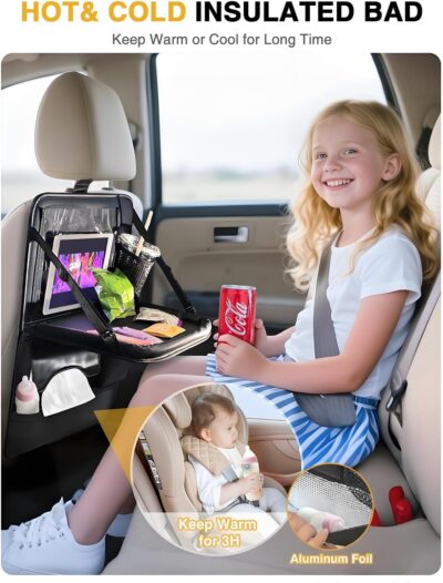 2-Pack Leather Car Backseat Organizer with Tablet Holder–Foldable Food Tray,Storage Pockets,Trash Can,Tissue Holder & Insulated Bag–Kick Mats Protector for Kids,Travel Accessories Organizer - Image 5