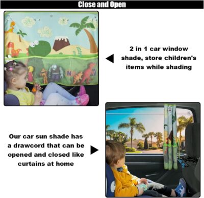 Car Window Shade for Baby, Blackout Car Window Curtain with Storage Pockets & 7 Suction Cups, Cartoon Pattern Cars Side Window Sun Shade Cover for Sun/Heat/UV Rays Protection (Green-Dinosaurs) - Image 5