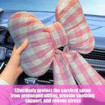 Bow Car Headrest Pillow, Breathable Memory Foam Vehicle Neck Pillow with Adjustable Strap, Ergonomic Auto Neck Support Cushion for Pain Pressure Relief, Universal for Most Cars (Pink/Grid) - Image 5