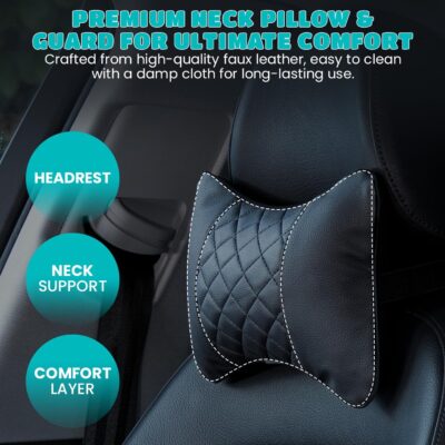 Set of 2 Quilted Faux Leather Car Headrest Pillow, Black Case/Black Threading, Ergonomic Neck Support for Comfortable Driving - Image 4