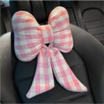 Bow Car Headrest Pillow, Breathable Memory Foam Vehicle Neck Pillow with Adjustable Strap, Ergonomic Auto Neck Support Cushion for Pain Pressure Relief, Universal for Most Cars (Pink/Grid)