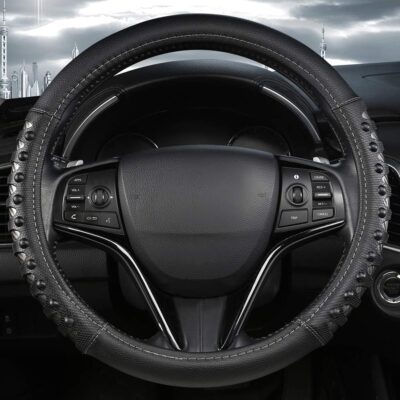 West Llama Microfiber Leather Car Steering Wheel Cover for Men Women,Universal Fit 14.5-15 inch(Leather Nails-Gray+Black-Standard Size) - Image 3