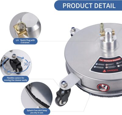 Biswing 14" Pressure Washer Surface Cleaner with 4 Wheels, Stainless Steel Power Washer Accessory for Driveways Sidewalks Patios Cleaning, 1/4" Quick Connector, 2 Extension Wand Attachments, 4000 PSI - Image 6