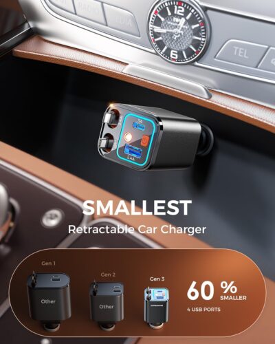 SUPERONE Retractable Car Charger, 69W Car Charger Adapter for iPhone 17 USB C Charger Fast Charging with Starry Light, Car Accessories Compatible with iPhone 17/16/15/14/13/12, iPad, Android, Pixel - Image 5