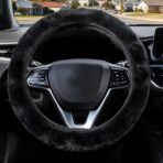 Furry Car Steering Wheel Cover, Fluffy Cover, Soft Warm Plush Non-Slip, 14 1/2-15 inch, for Women Girls, Black