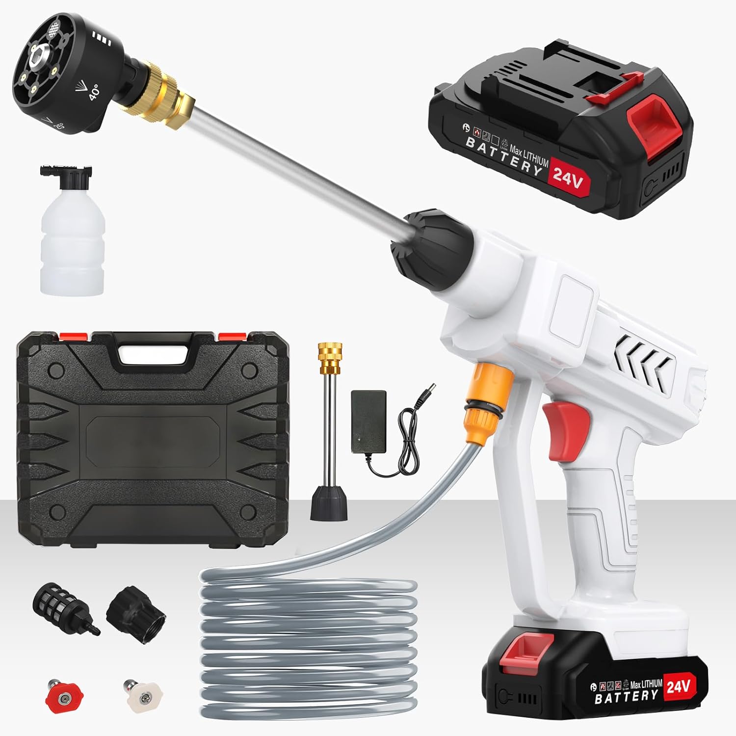 71zVfr0lYIL._AC_SL1500_.jpg Portable Cordless Pressure Washer, 18 bar Portable Power Washer with 6-in-1 Nozzle, 6L/min Hand Held Pressure Washer with 2 Batteries, Sprays 6-10m Away, Battery Power Cleaner for Car, Garden, Home. - Image 1
