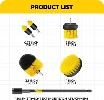 Holikme 6Pack Drill Brush Power Scrubber Cleaning Brush Extended Long Attachment Set All Purpose Drill Scrub Brushes Kit for Grout, Floor, Tub, Bathroom and Kitchen Surface,Scratch Brushes（Yellow） - Image 7