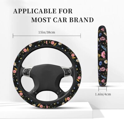 Wildflower Steering Wheel Cover for Women, Universal Auto Steering Wheel 14-15 Inch Car Interior Accessories with 2PCS Car Coasters, Suitable for Men and Women - Image 3