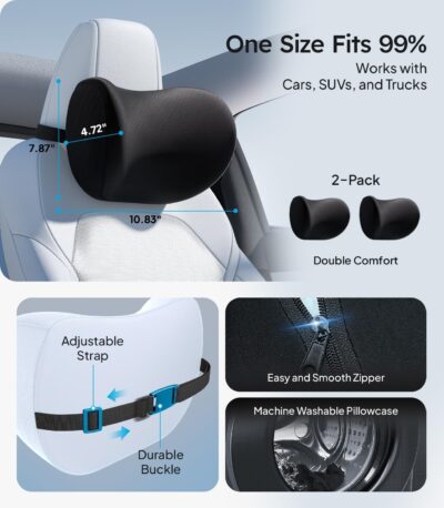 Wigoo 2026 Car Neck Pillow [No More Pressure, Odorless] Soft Car Headrest Pillow with Adjustable Strap Removable Cover 100% Memory Foam, Fits All Vehicles (Black 2-Pack) - Image 6