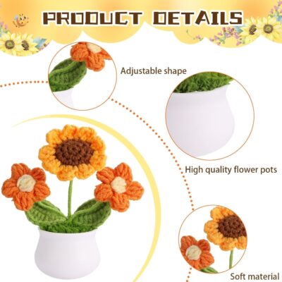 3 PCS Crochet Flower Pot,Crochet Sunflower Flowers Small Potted Plants Handmade Knitted Flower Mothers Day Valentines Gifts Desk Car Dashboard Decor Gifts - Image 3