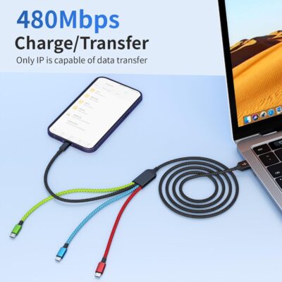 4 in 1 Multi Charging Cable [2Pack 5FT], Tangle Free USB C Car Charger Cable Nylon Braided with 2 USB-C/IP/Micro, Travel Charging Cords for iPhone Android iPad and More - Image 4