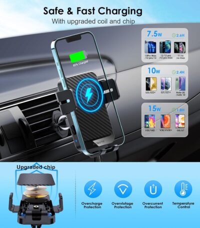 Wireless Car Charger, MOKPR 15W Fast Charging Auto-Clamping Car Charger Phone Mount Air Vent Cell Phone Holder Compatible iPhone 16/15/14/13/13 Pro/12 pro/12/11, Samsung Galaxy S23/S22/S21/S20, etc - Image 2