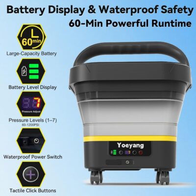 Portable Cordless Pressure Washer with Tank: 1200 PSI Foldable Power Washer – 3.4 Gal Tank, 7-Level Adjustable Sprayer & 360° Nozzle – Compact Electric Cleaner for Car, Garden, Patio, Camping - Image 3