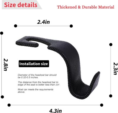 Amooca Car Seat Headrest Hook Universal Vehicle Storage Hanger Leather with Metal Car Seat Back Organizer for Handbag Purse Coat Black 2 Pack - Image 6
