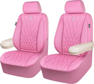 CAR PASS Piping Luxury Leather Two Front Car Seat Covers, Cute Girly Waterproof Anti Slip Seat Covers Compatible with Front Seat Armrests,Universal Fit for Suvs,Vans,Trucks,Airbag Compatible(All Pink) - Image 7